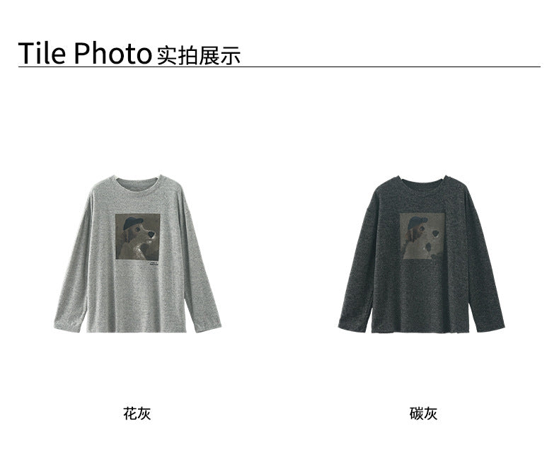 【H5499】實拍 復古磨毛狗狗印花長袖T恤251118