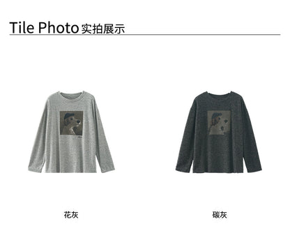 【H5499】實拍 復古磨毛狗狗印花長袖T恤251118