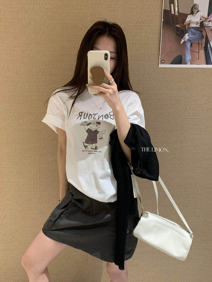 【L10378】陽光元氣女孩☀️韓系休閒字母小狗印花寬鬆顯瘦圓領短袖T恤260518