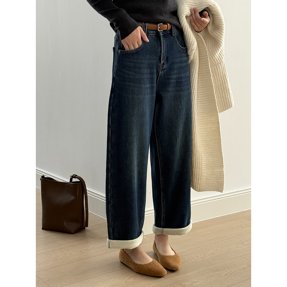 【Y98395】實拍S~XL復古加絨直筒牛仔褲含腰帶251106