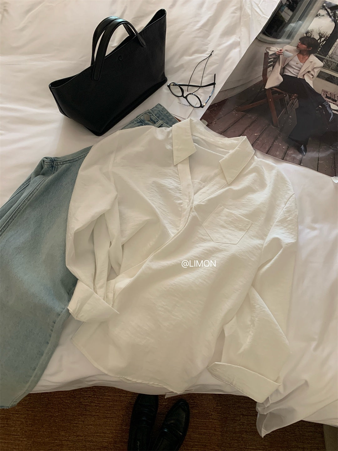 【L8133】實拍檸檬休閒法式蕾絲V領寬鬆長袖襯衫250414