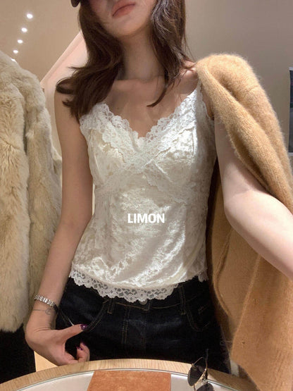 【LDTM1990】檸檬家蕾絲拼接絲絨細肩帶背心(含胸墊）261020