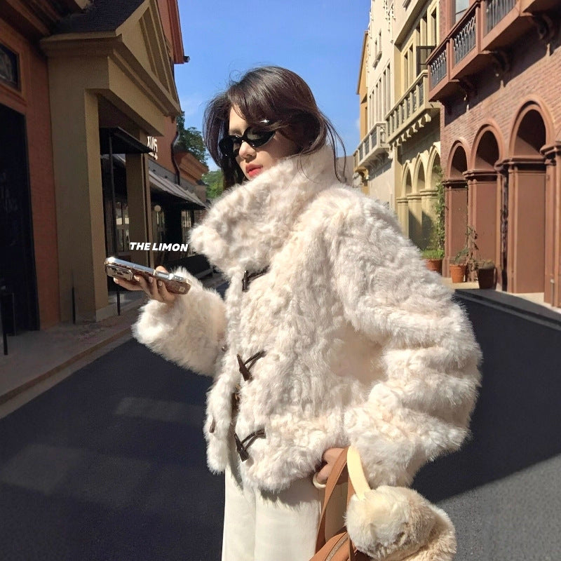 【L1230】實拍檸檬冬季加厚保暖立領牛角扣仿皮草外套251117