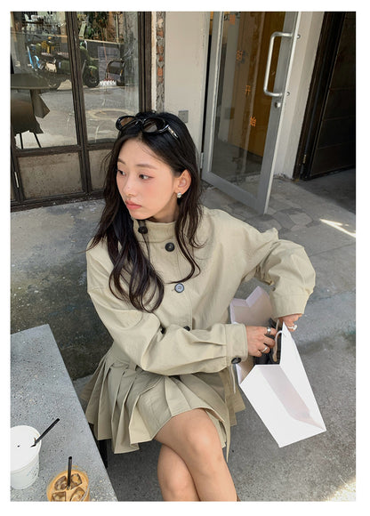 【H5400】實拍韓系慵懶卡其立領收腰風衣外套250902