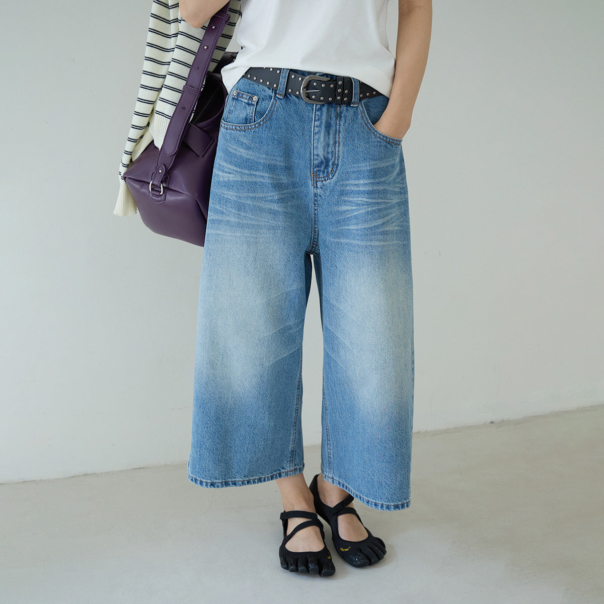 【LD11179】實拍S~XL美式復古時髦✨水洗藍刷破貓鬚寬鬆九分牛仔寬褲260317