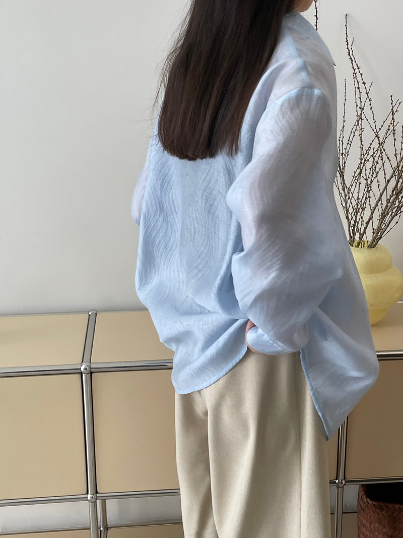 【cim2503】實拍韓國春日氛圍感微透寬鬆天絲襯衫240403