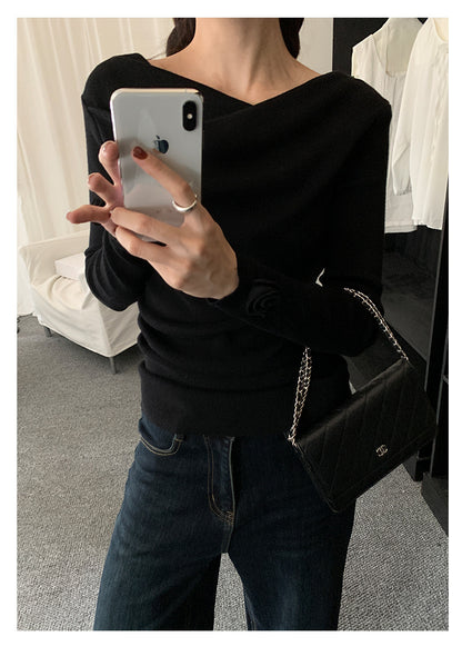 【H5487】實拍秋冬褶皺露肩針織衫251109