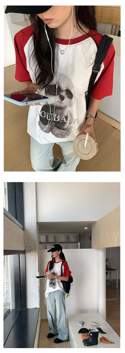 【H5365】實拍夏天韓版墨鏡小狗寬鬆長版棉質T恤250708