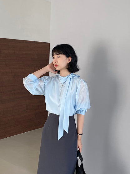 【cimz1186】韓系知性通勤🤍質感蝴蝶結飄帶天絲半高領長袖襯衫260319