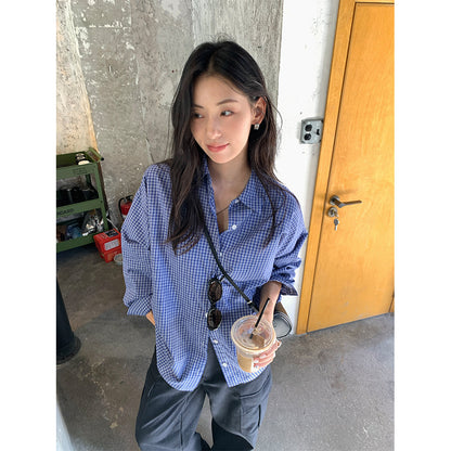 【H5401】實拍後背開叉藍色格子長袖襯衫250902