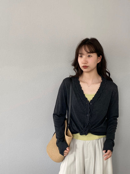 【cimz5643】韓系清新氧氣感🍃寬鬆顯瘦木耳邊V領花邊薄款針織上衣260319