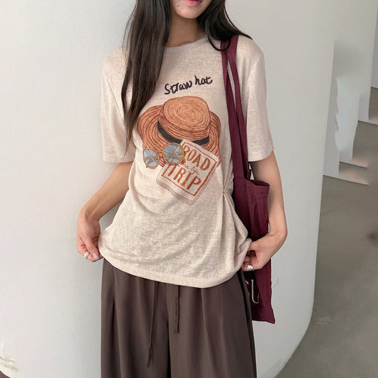 【LD11375】美式復古休閒風😎帽子印花寬鬆短袖天絲T恤+圍脖兩件套260707