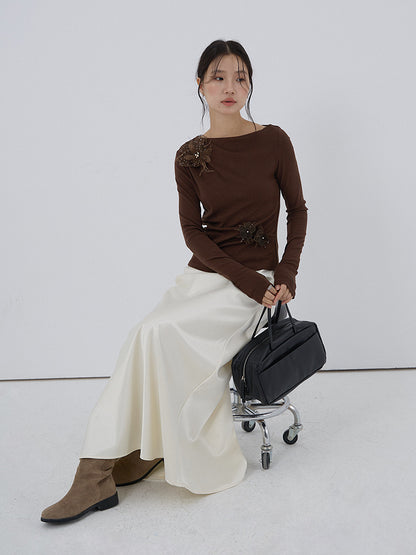 【LD3277】實拍立體花朵長袖一字領T恤251103