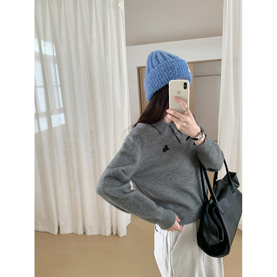【H564】實拍貓咪刺繡Polo針織衫251021