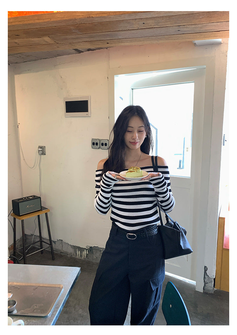 【H5399】實拍韓系簡約氣質一字領露肩針織衫250902