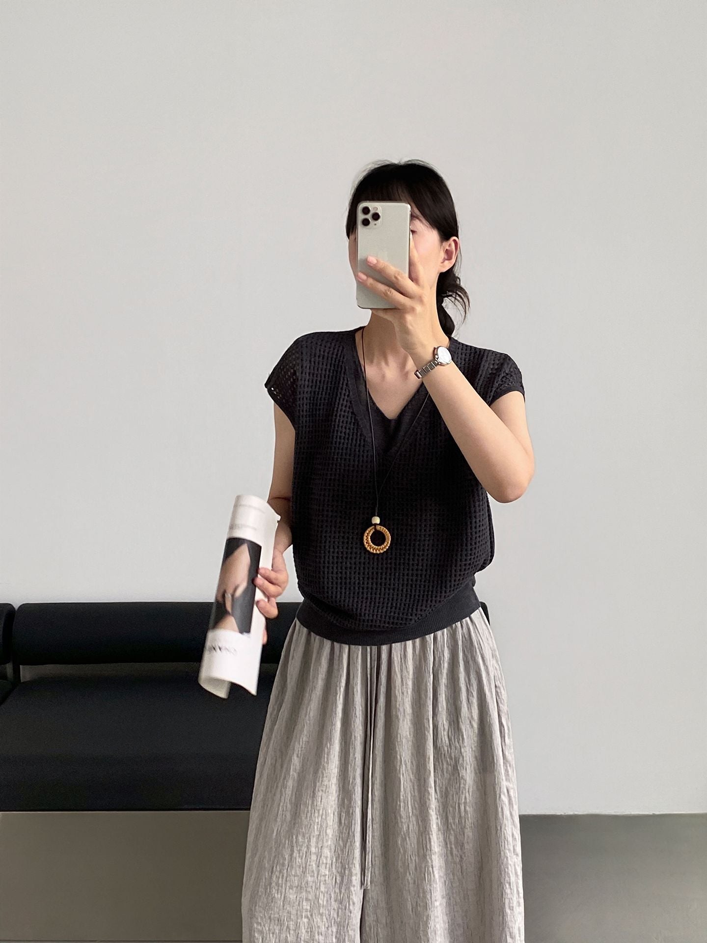【cimz8002】韓系溫柔仙女系☁️百搭減齡V領鏤空修身短袖針織衫260709