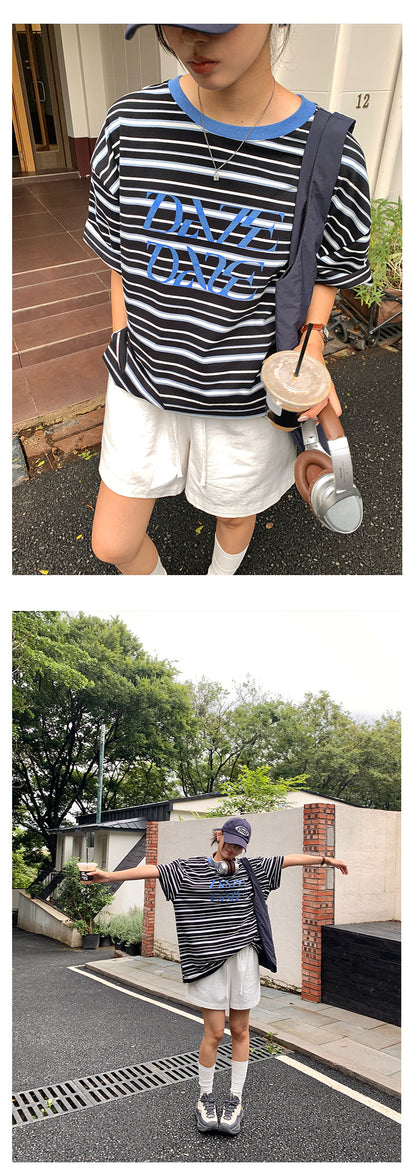 【H5258】實拍夏季韓系條紋撞色圓領T恤250513