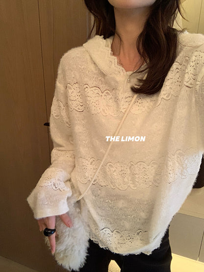 【L9359】實拍檸檬秋冬重工鈎花蕾絲寬鬆連帽蕾絲衫251117