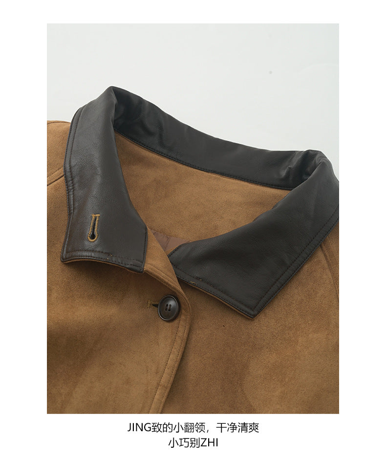 【H569】實拍復古個性皮革拼麂皮絨大衣外套＋麂皮肩背包251021