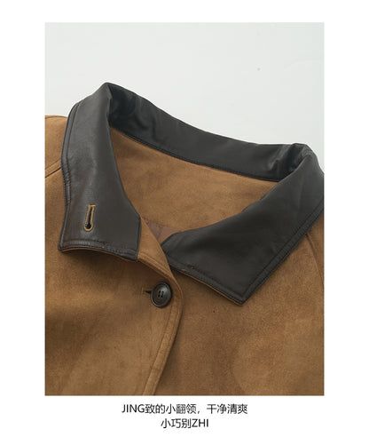 【H569】實拍復古個性皮革拼麂皮絨大衣外套＋麂皮肩背包251021