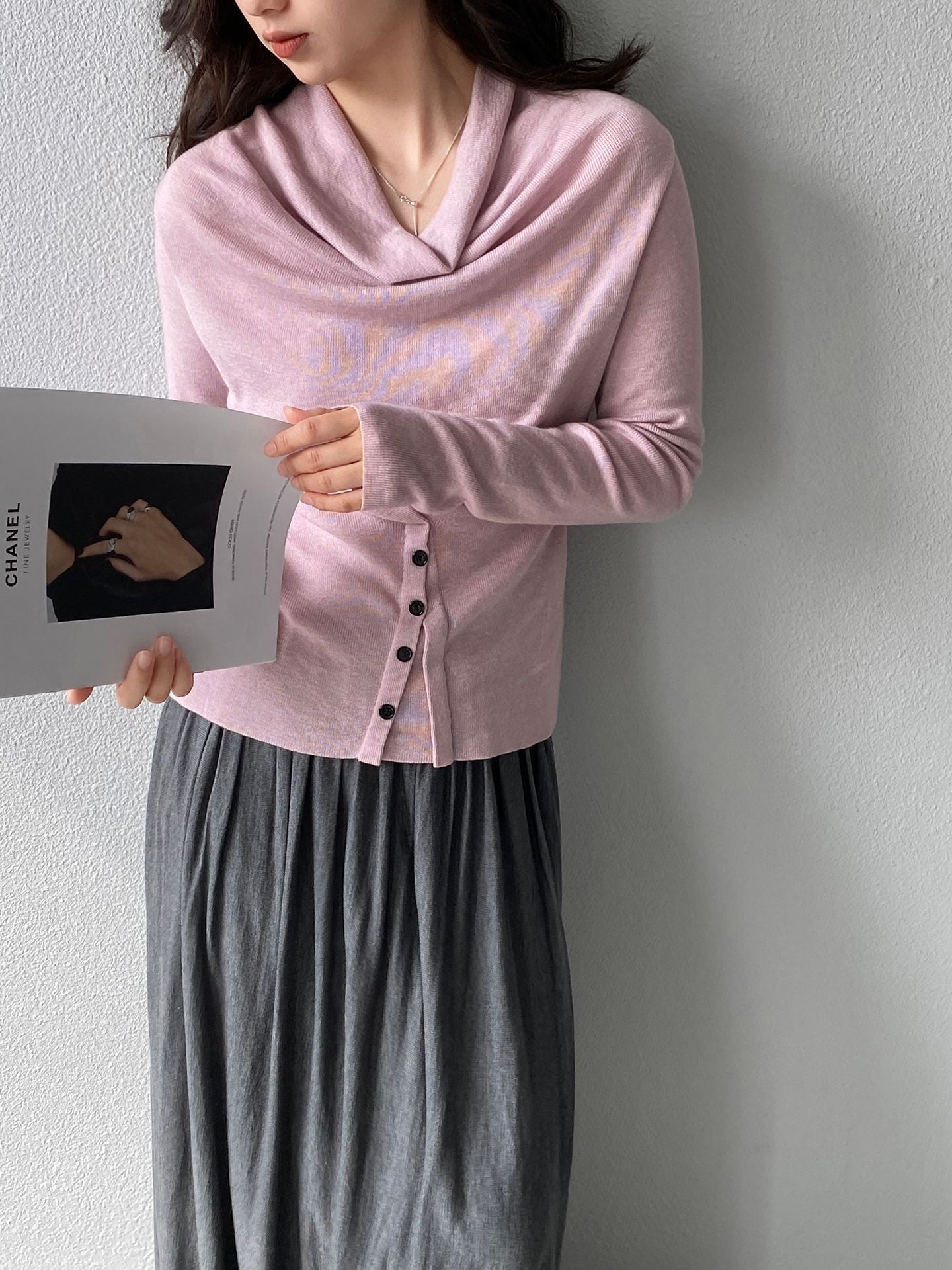 【cimzM946】氣質慵懶超顯白✨設計感垂墜領一字肩露肩顯瘦針織上衣260319