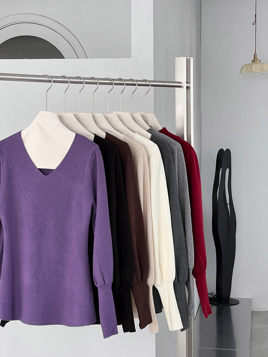 【cimz6652】實拍氣質半高領/V領燈籠袖極簡氣質針織衫251128