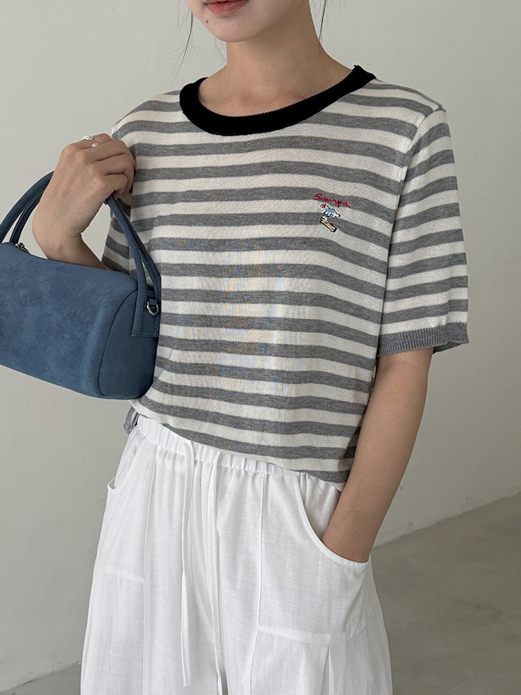 【LD11220】實拍休閒百搭經典款🐎小馬刺繡條紋寬鬆圓領短袖針織上衣260407