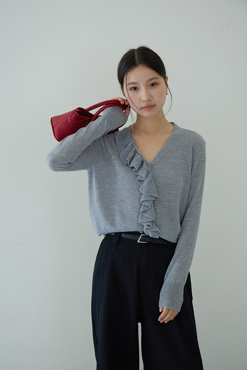 【LD11154】實拍韓系甜美減齡✨設計感荷葉薄款長袖針織衫260317