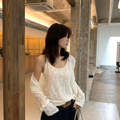 【L11007】檸檬檸檬早秋重工提花圓領長袖小外套+蕾絲細肩帶背心套裝260728