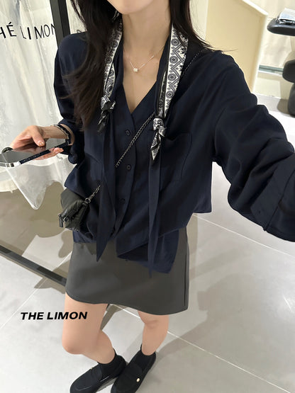 【L1127】實拍檸檬家韓系高級感氣質飄帶長袖襯衫＋絲巾250901