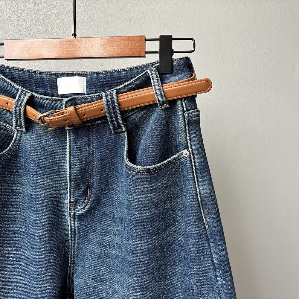 【Y98395】實拍S~XL復古加絨直筒牛仔褲含腰帶251106