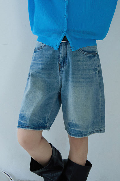 【LD11214】實拍美式復古休閒👖高腰水洗寬鬆直筒牛仔五分褲/中褲260331