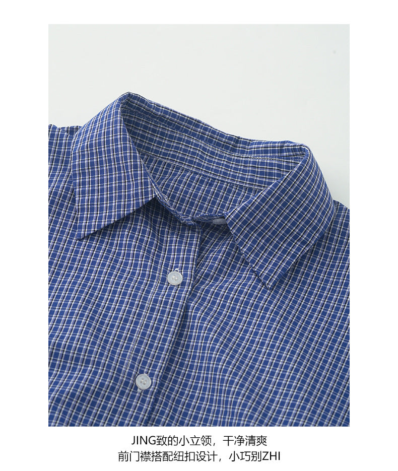 【H5401】實拍後背開叉藍色格子長袖襯衫250902