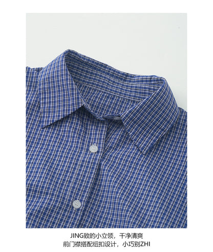 【H5401】實拍後背開叉藍色格子長袖襯衫250902