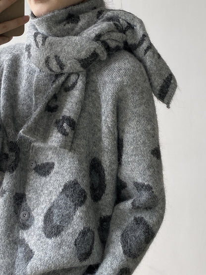 【YP2598】 實拍秋冬慵懶豹紋開衫毛衣+圍巾（含羊毛3%)251023