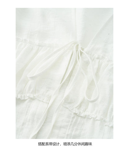 【H5379】實拍秋天繫帶v領泡泡袖褶皺襯衫250902