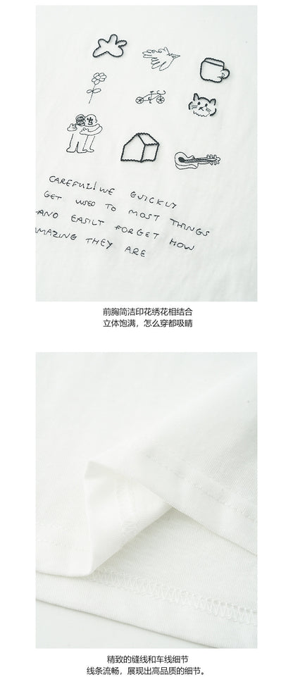【H5201】實拍韓系刺繡＋印花棉質寬鬆短袖T恤250422