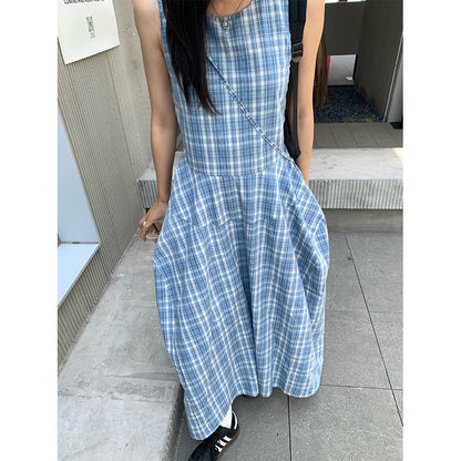 【H5290】實拍夏天韓國復古藍格個性花苞長洋裝＋小包250603