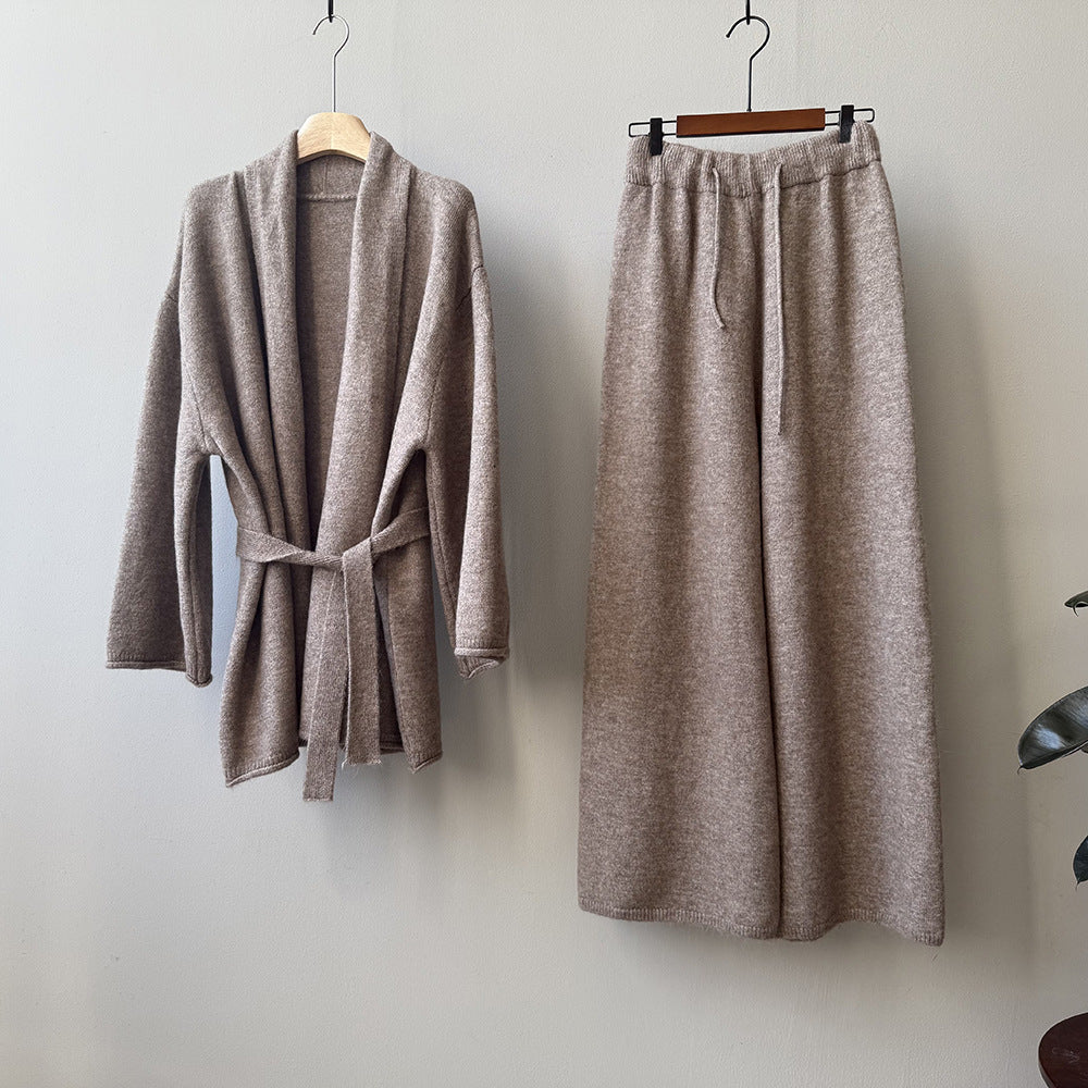 【YP1018】 實拍秋冬高級感慵懶針織開衫＋繫帶＋高腰針織闊腿褲 套裝251023