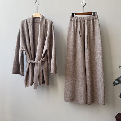 【YP1018】 實拍秋冬高級感慵懶針織開衫＋繫帶＋高腰針織闊腿褲 套裝251023