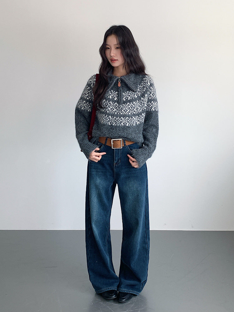 【LD11004】實拍兔絨毛混紡費爾島針織毛衣半拉鏈大翻領251110