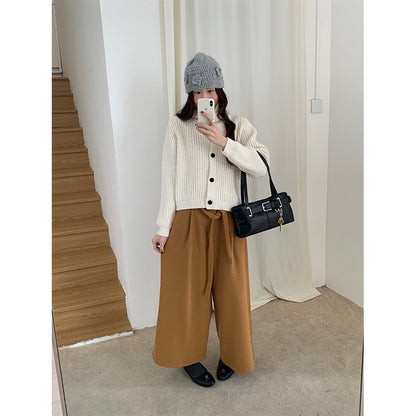 【H5491】實拍秋冬毛呢鬆緊腰加厚闊腿休閒褲251109