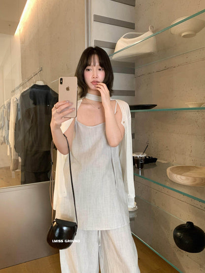 【】IMISS高品质亚麻吊带背心女2026夏季新款时尚百搭小衫衣服(配飘带