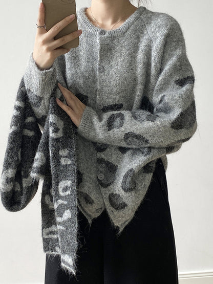 【YP2598】 實拍秋冬慵懶豹紋開衫毛衣+圍巾（含羊毛3%)251023