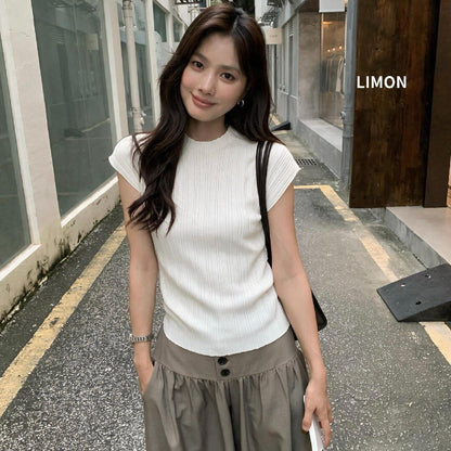 【LNM8589】檸檬家極簡質感・坑條肌理圓領短袖針織衫260909