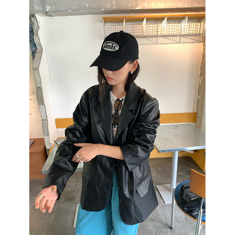 【H5398】實拍韓系高級感黑色皮衣西裝外套250902