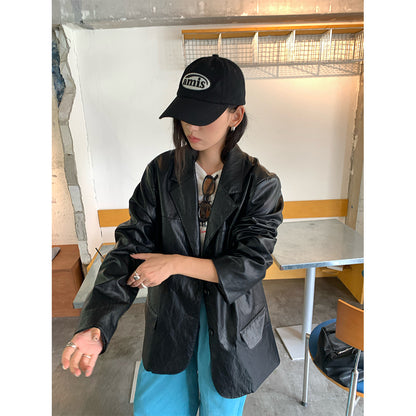 【H5398】實拍韓系高級感黑色皮衣西裝外套250902