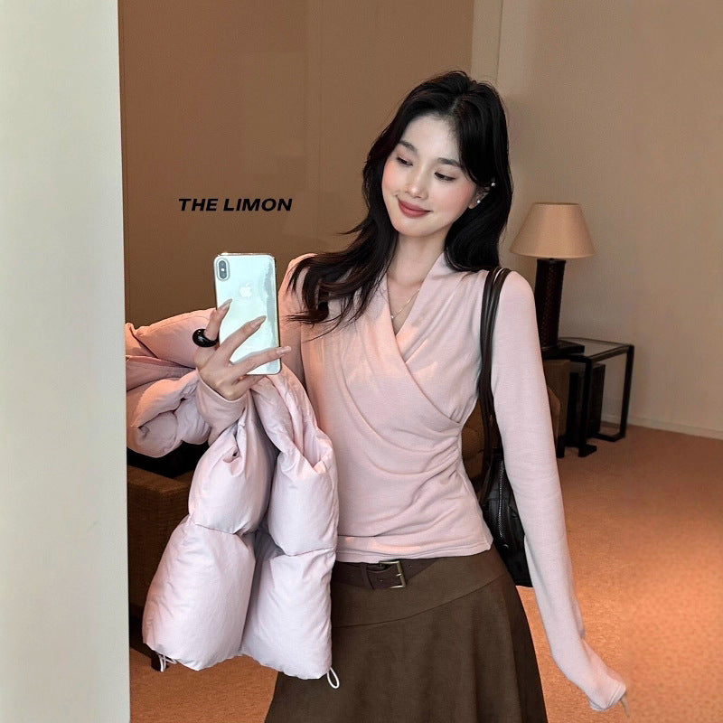 【L9312】檸檬法式簡約交叉羊絨薄绒V領長袖T恤251117