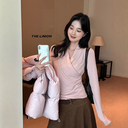 【L9312】檸檬法式簡約交叉羊絨薄绒V領長袖T恤251117