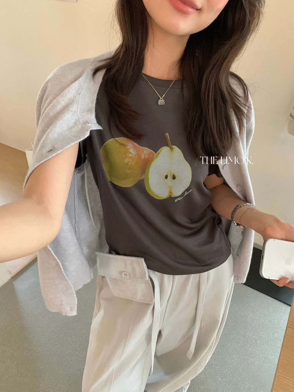 【L10283】實拍檸檬家檸檬圓領正肩小青梨印花短袖T恤260310